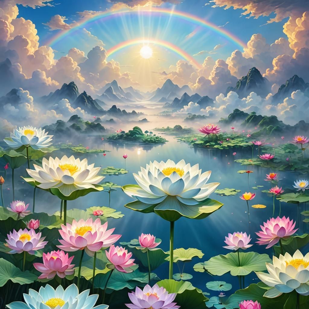Lotus Paradise with Blue Pearl in Heavenly Light