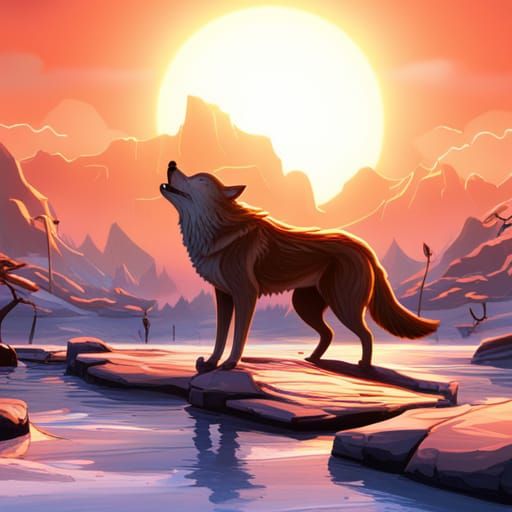 Wolf Howling at Sunset: Detailed Matte Painting