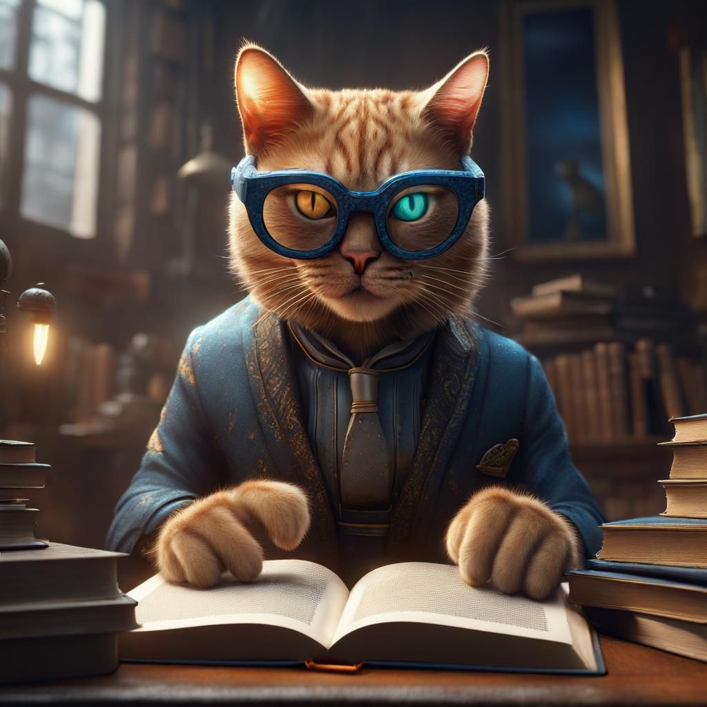 Cat Reads AI Book: Detailed Matte Painting