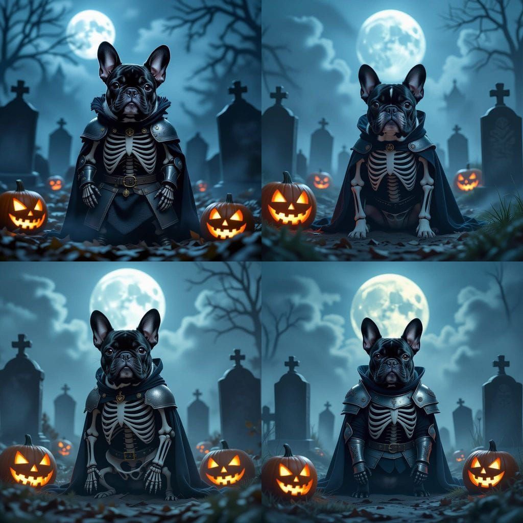 French Bulldog Skeleton Knight in Foggy Graveyard