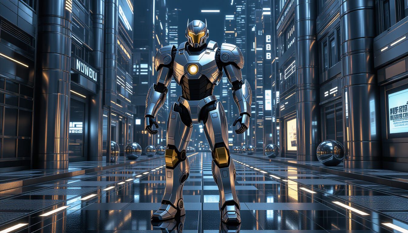 Sleek Futuristic Robot in Metallic Cityscape