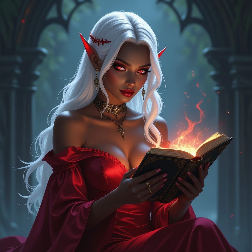 Dark Fantasy Elf Reads Grimoire in Gothic Atmosphere