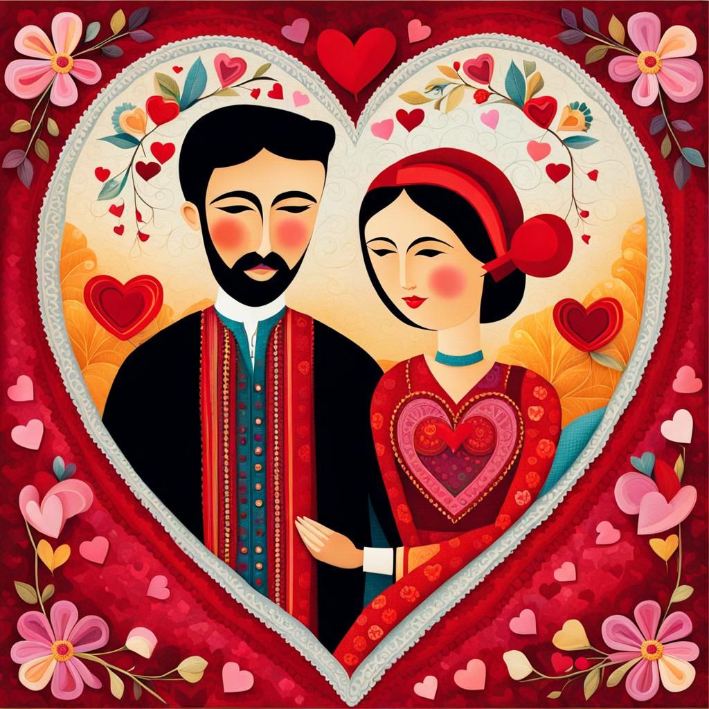 Valentine's Day Card: Happy Couple in Textile Art