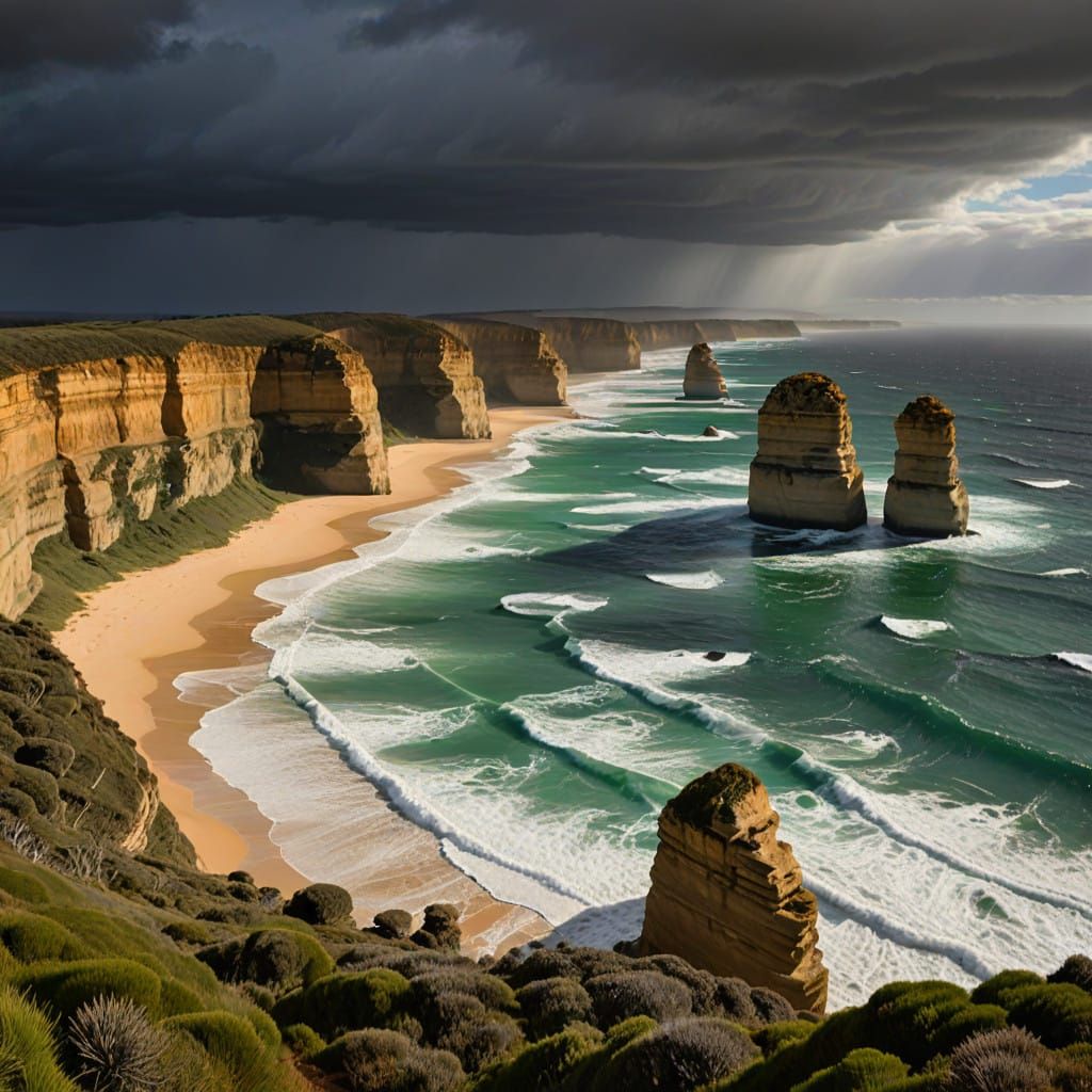 Majestic Limestone Stacks of the 12 Apostles in a Stormy Aus...