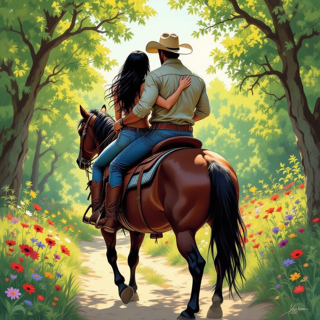 Cowboy and Woman on Horseback in Comic Book Style