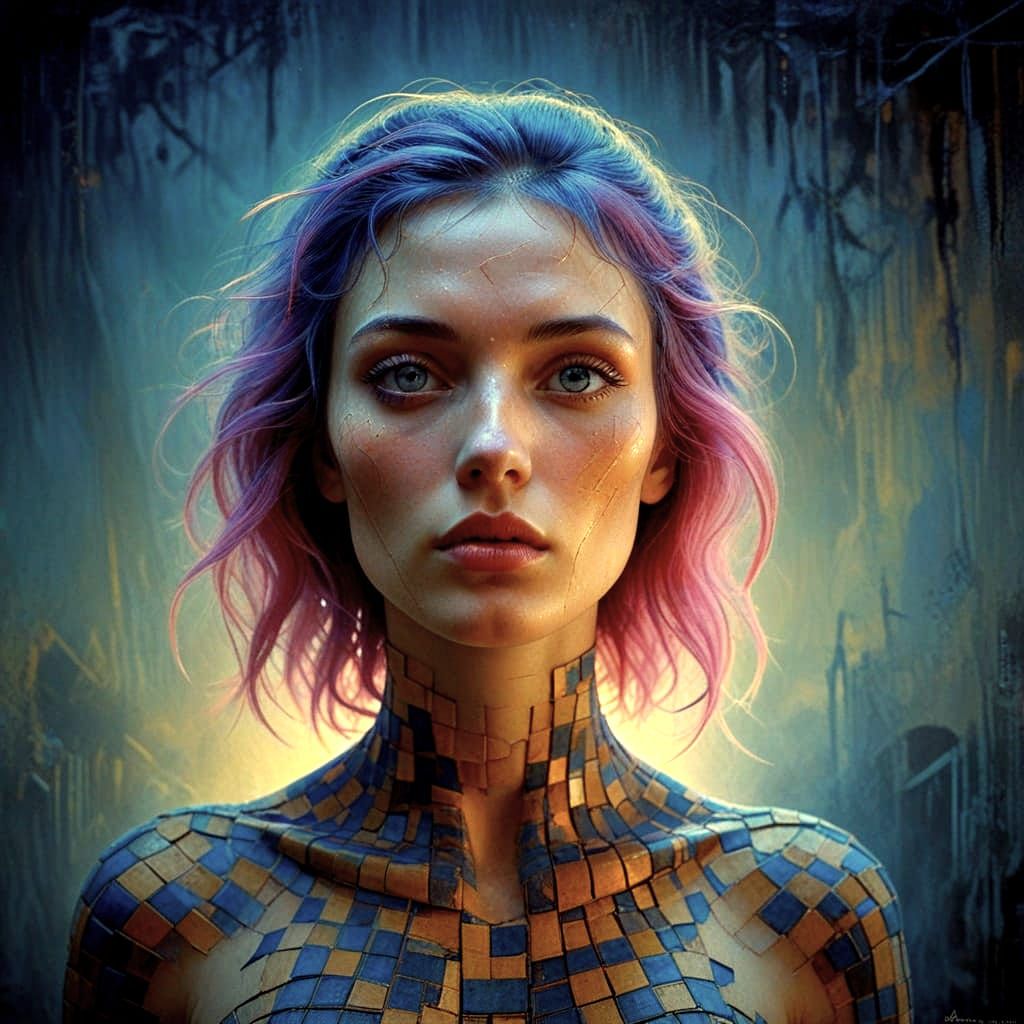 Stormy Clouds Surreal Portrait with Checkerboard Pattern