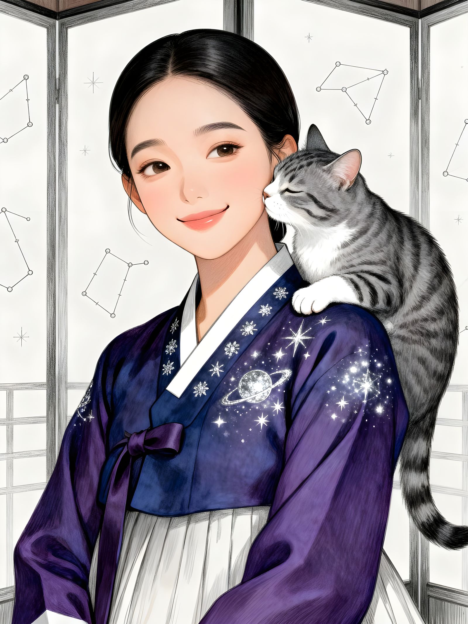 Manhwa Portrait: Woman in Cosmic Hanbok with Tabby Cat