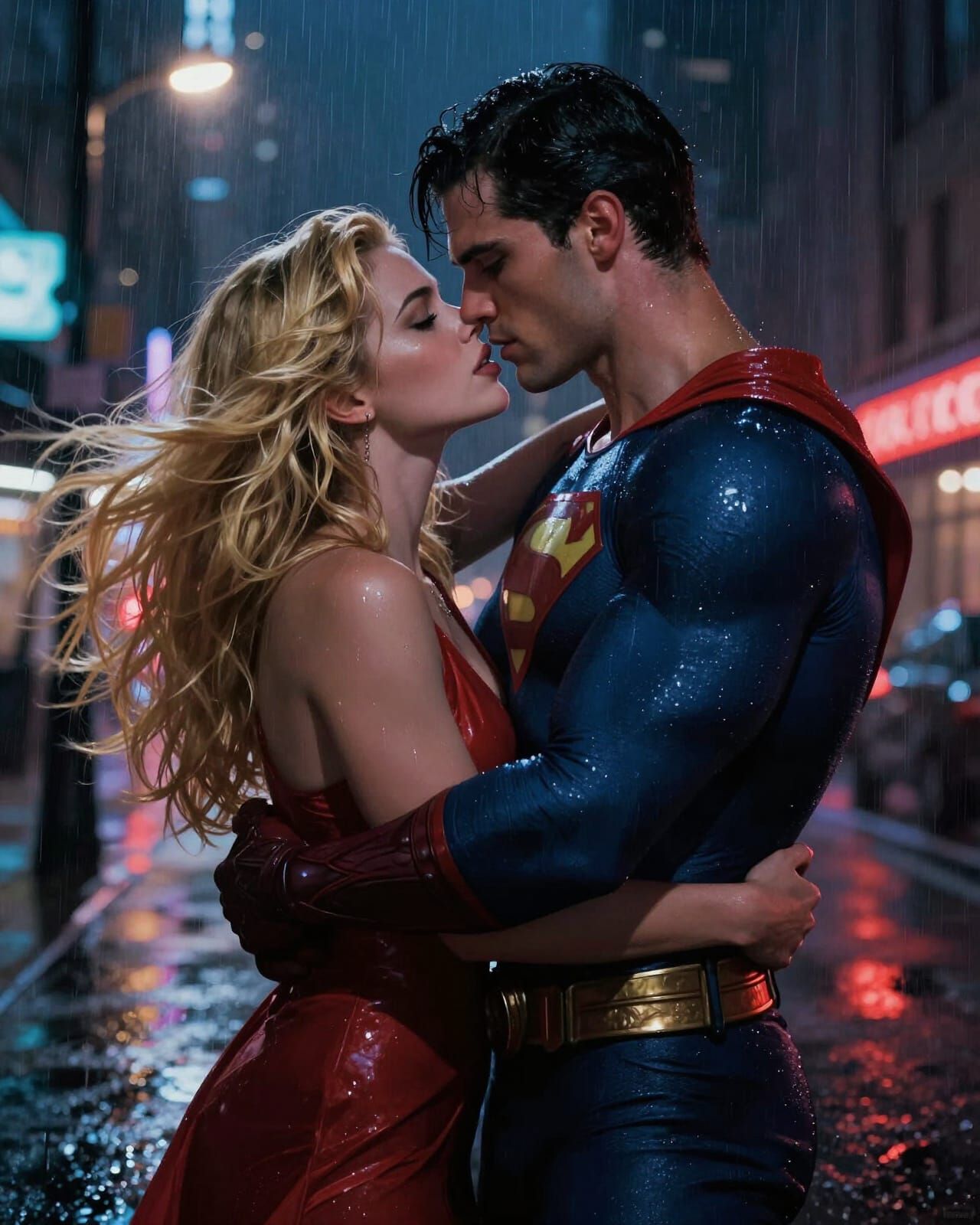 Superhero's Intense Embrace in Neon Cityscape