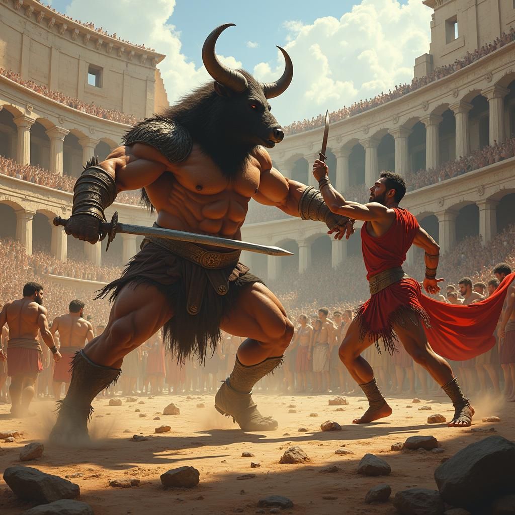 Minotaur Warrior Battles Gladiator in Grand Coliseum