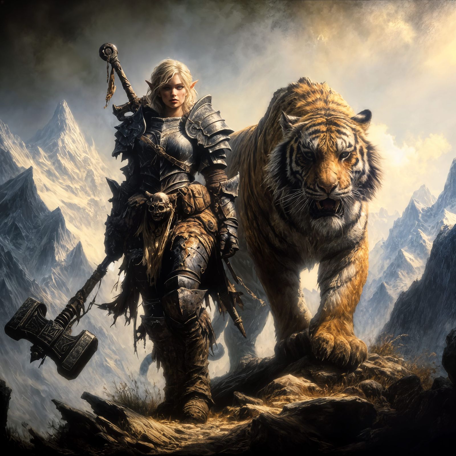 Tenebrism Elf Warrior Beside Majestic Tiger in Sunlit Mounta...