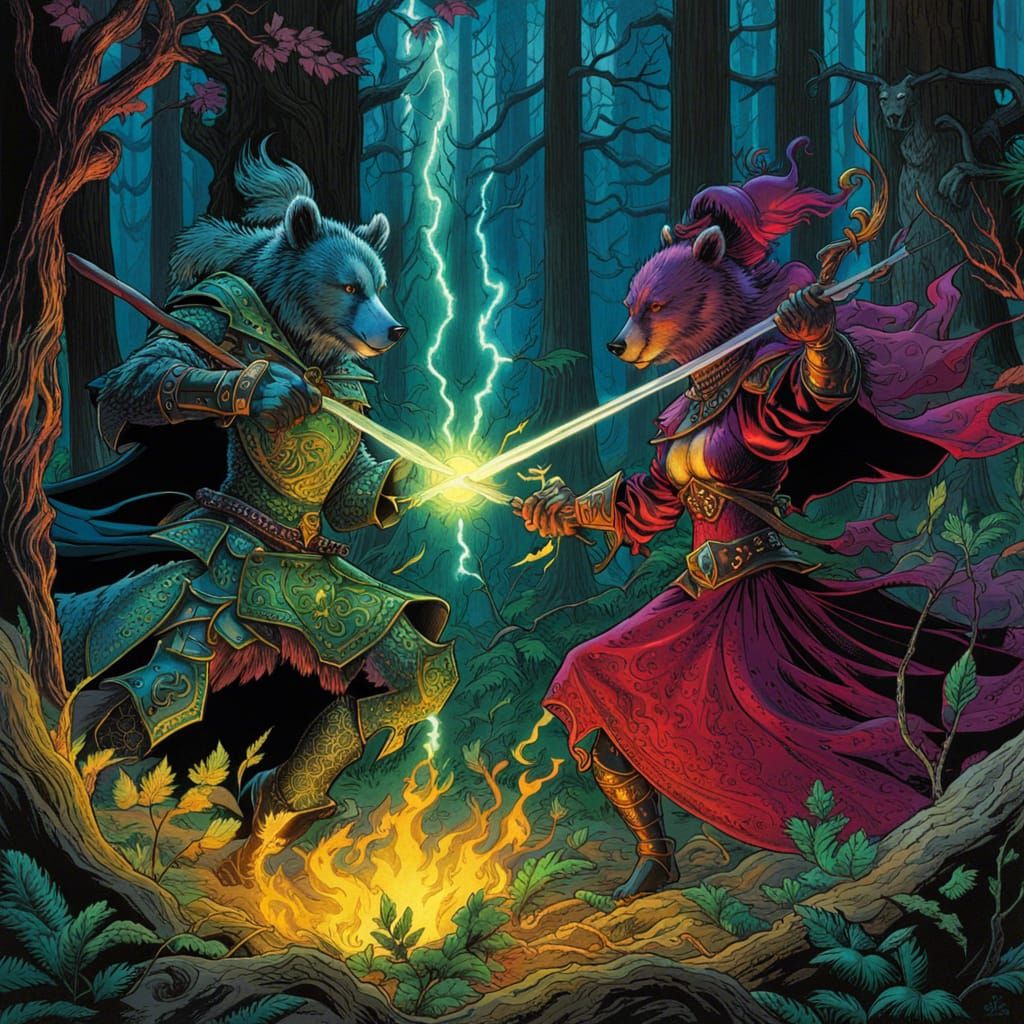 Armored Bear Witches Duel in Forest by Vess