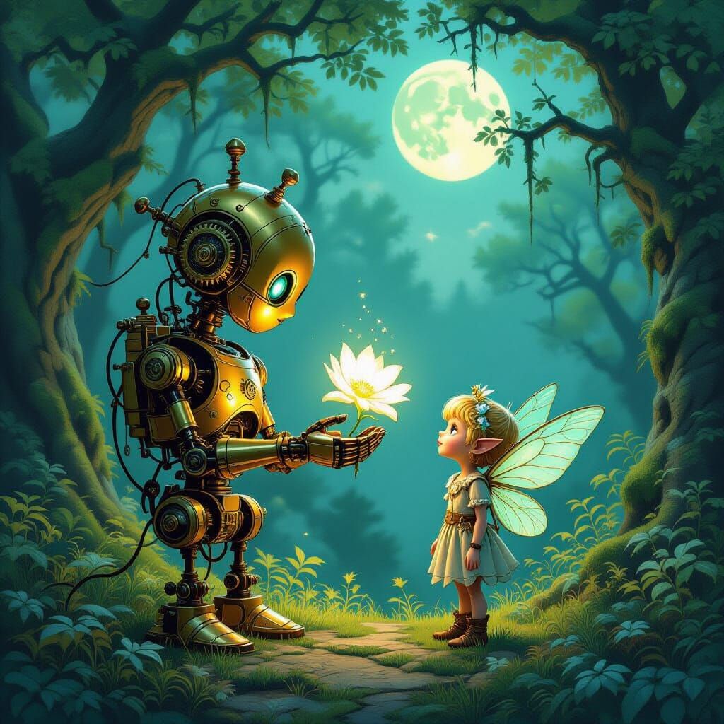 Clockwork Automaton Offers Flower to Forest Sprite