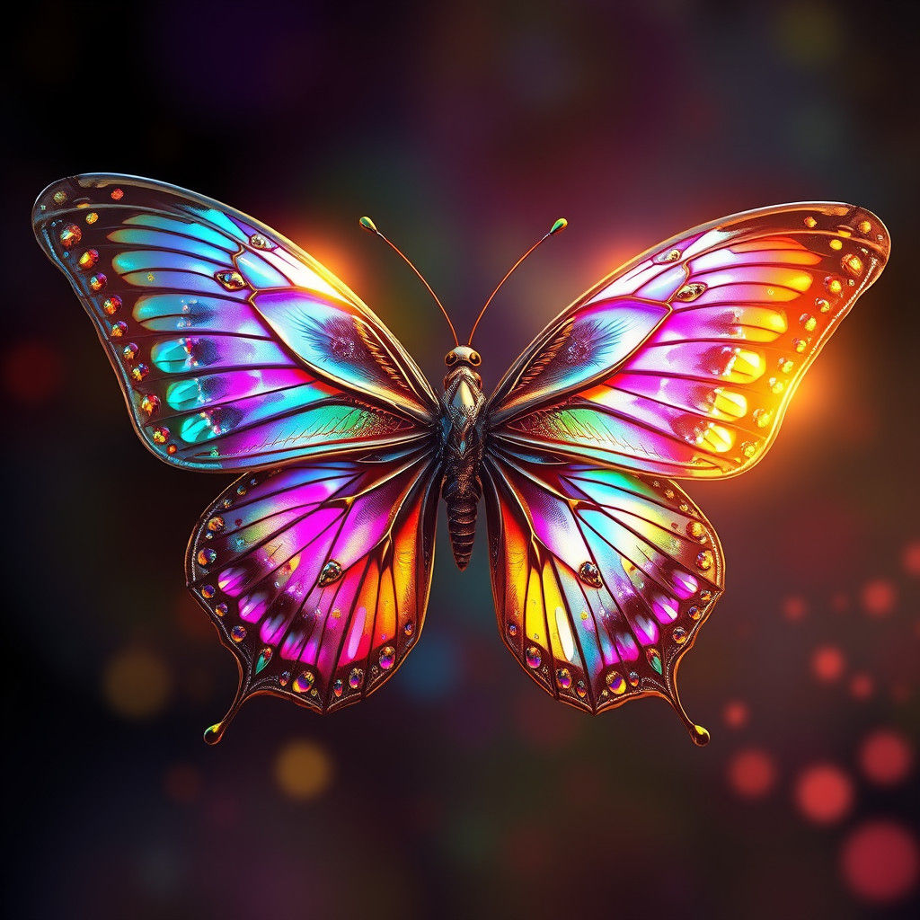 Butterfly with Diamond and Gold Wings, Hyperrealistic Render...