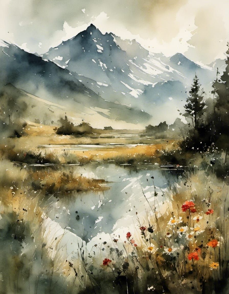Peaceful Pond Reflects Mountain Meadow in Artistic Style