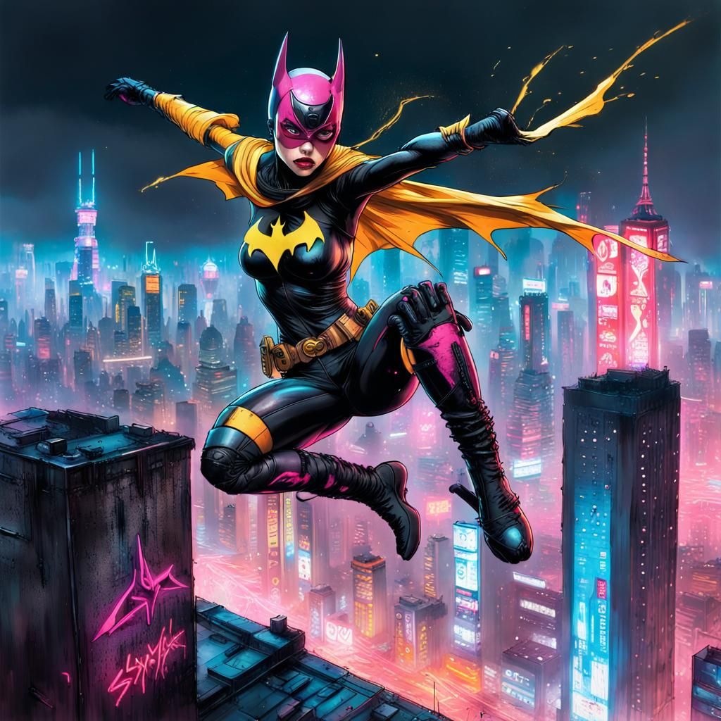 Cyberpunk Batgirl Leaps Across Neon Tokyo