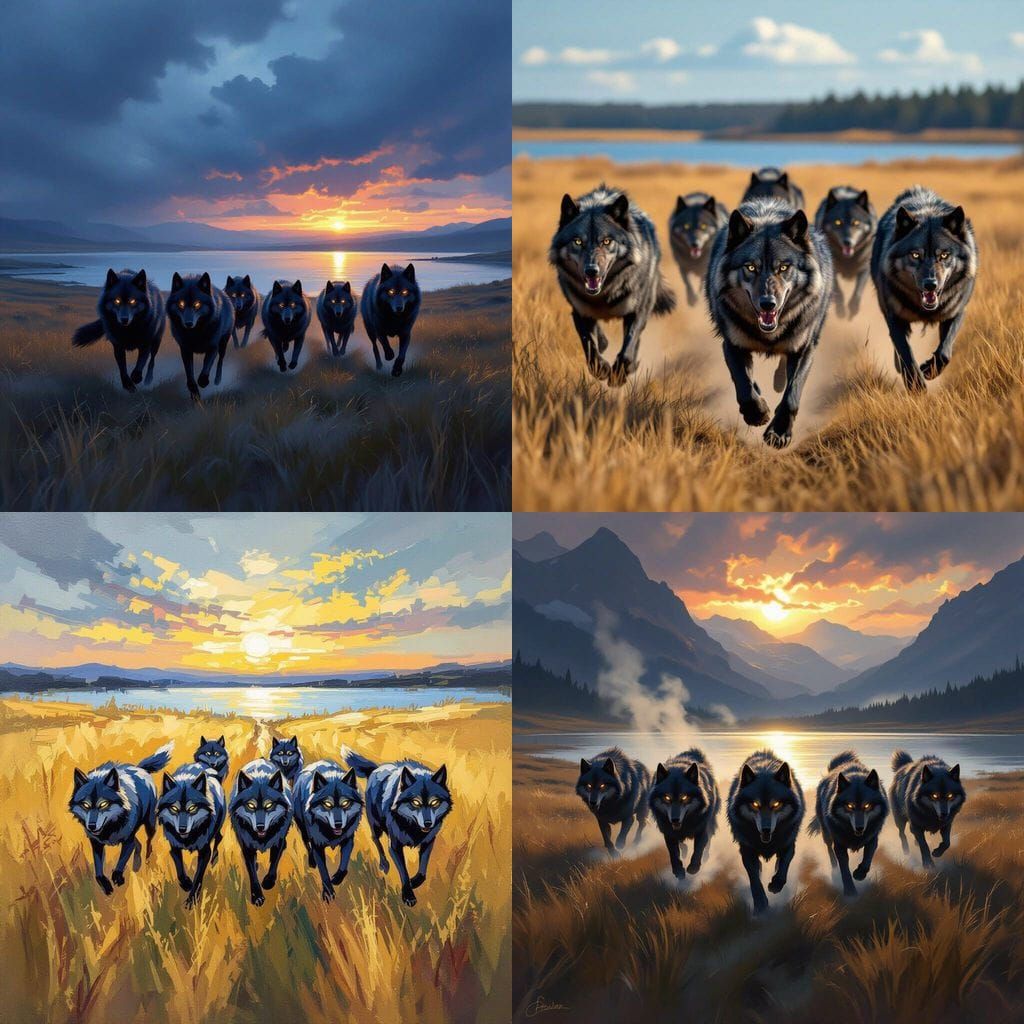 Dark Wolves Run Across Field Near Lake