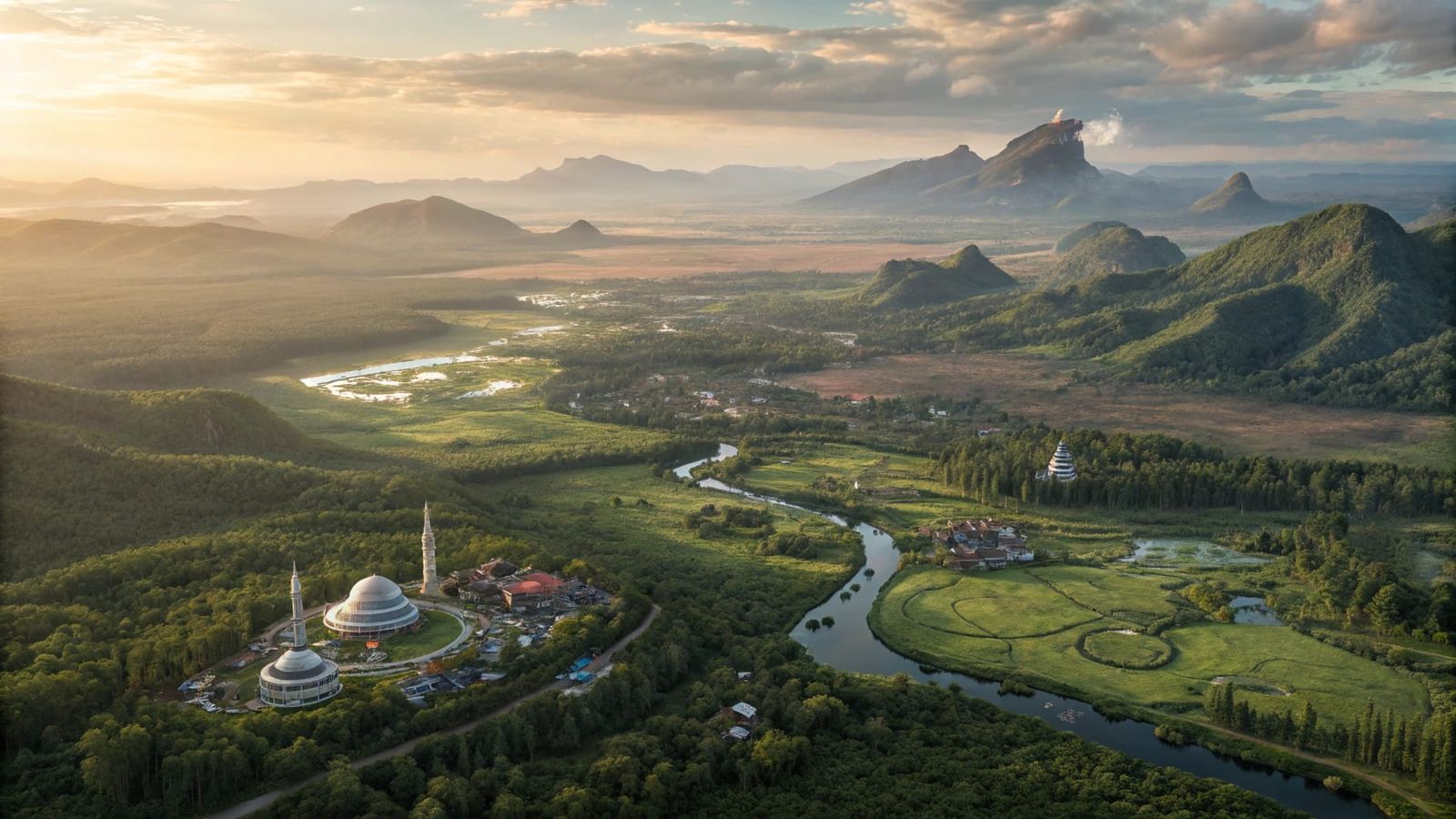 above view beautiful solarpunk aetherpunk idyllic utopian wo...