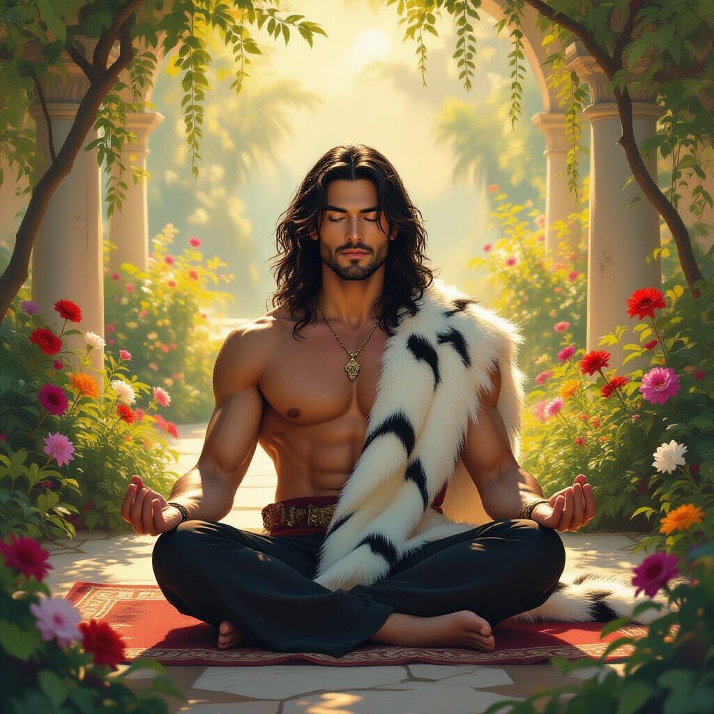 Man in Tiger Pelt Meditating in Garden as Impressionistic Ar...