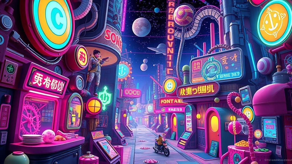 Whimsical Steampunk Metropolis in Vibrant Neon Hues