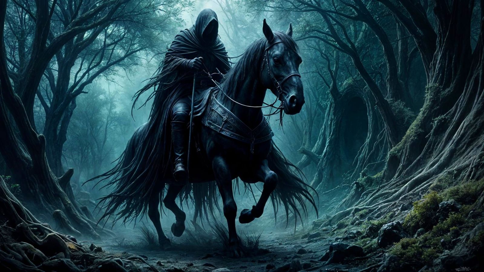 Dark Fantasy Ringwraith Charging Through Forest Ruins