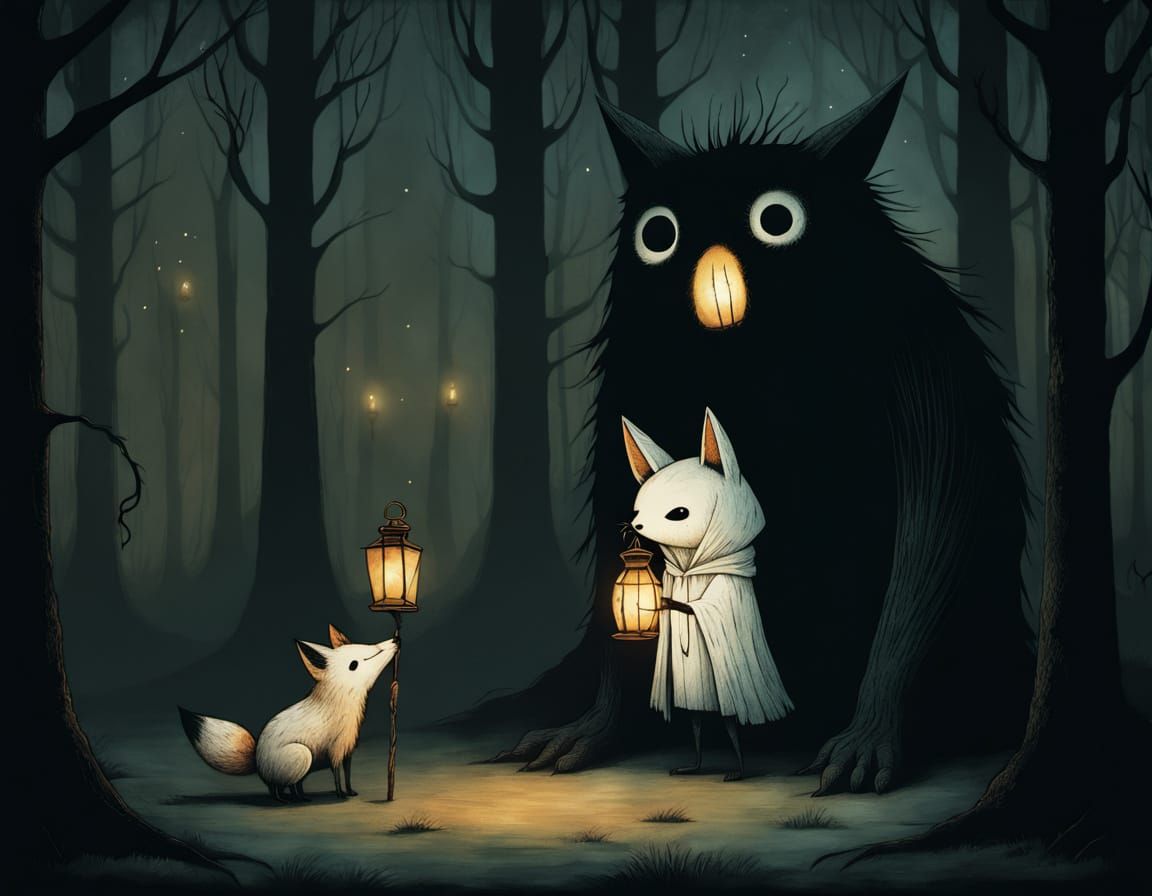 Kawaii Manga Child Holds Lantern Against Spooky Monster