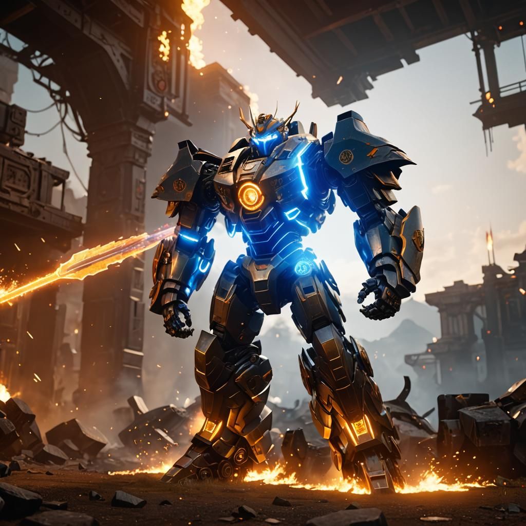 Fiery Mecha Robot with Magic Runes