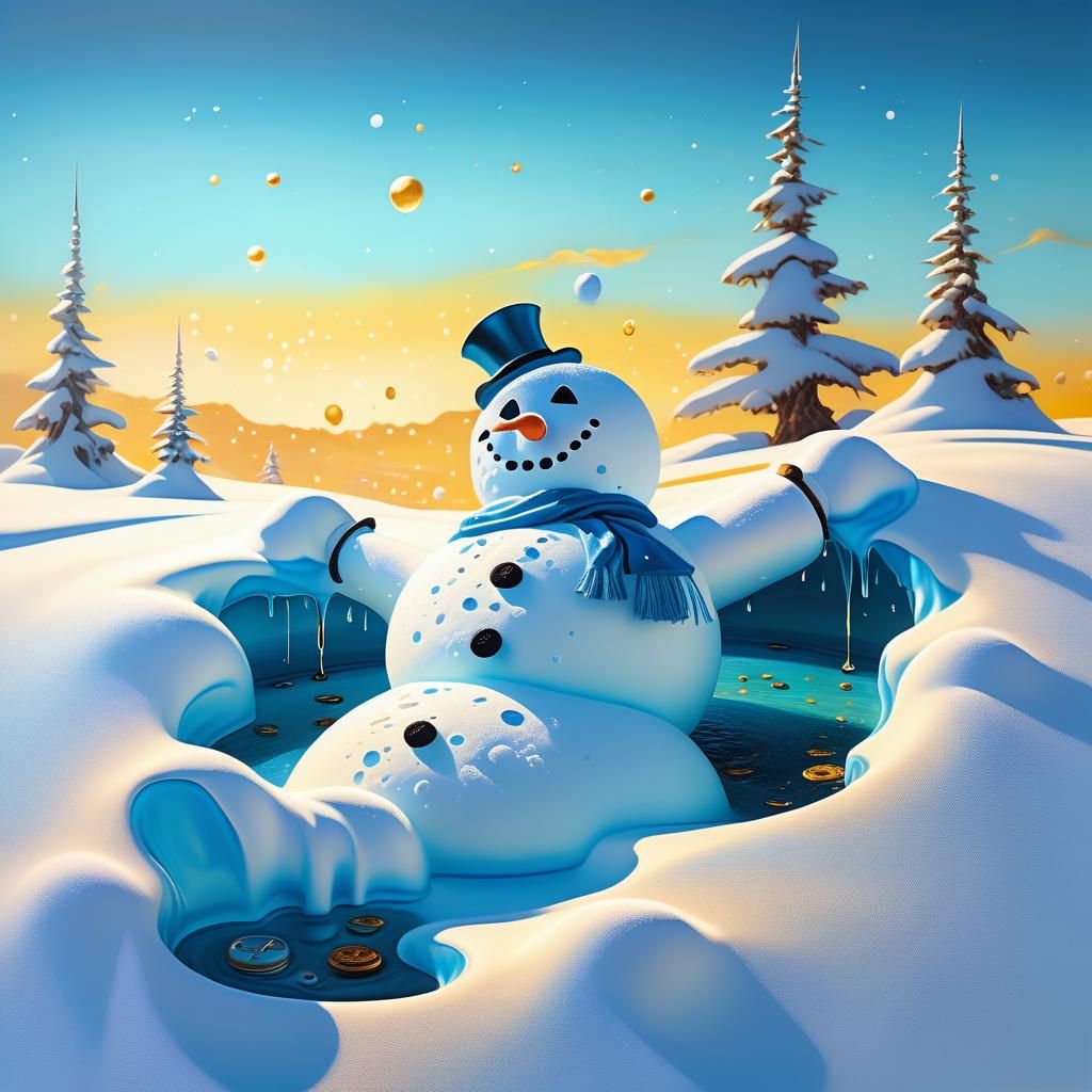 Surreal Melting Snowman in Dream Landscape