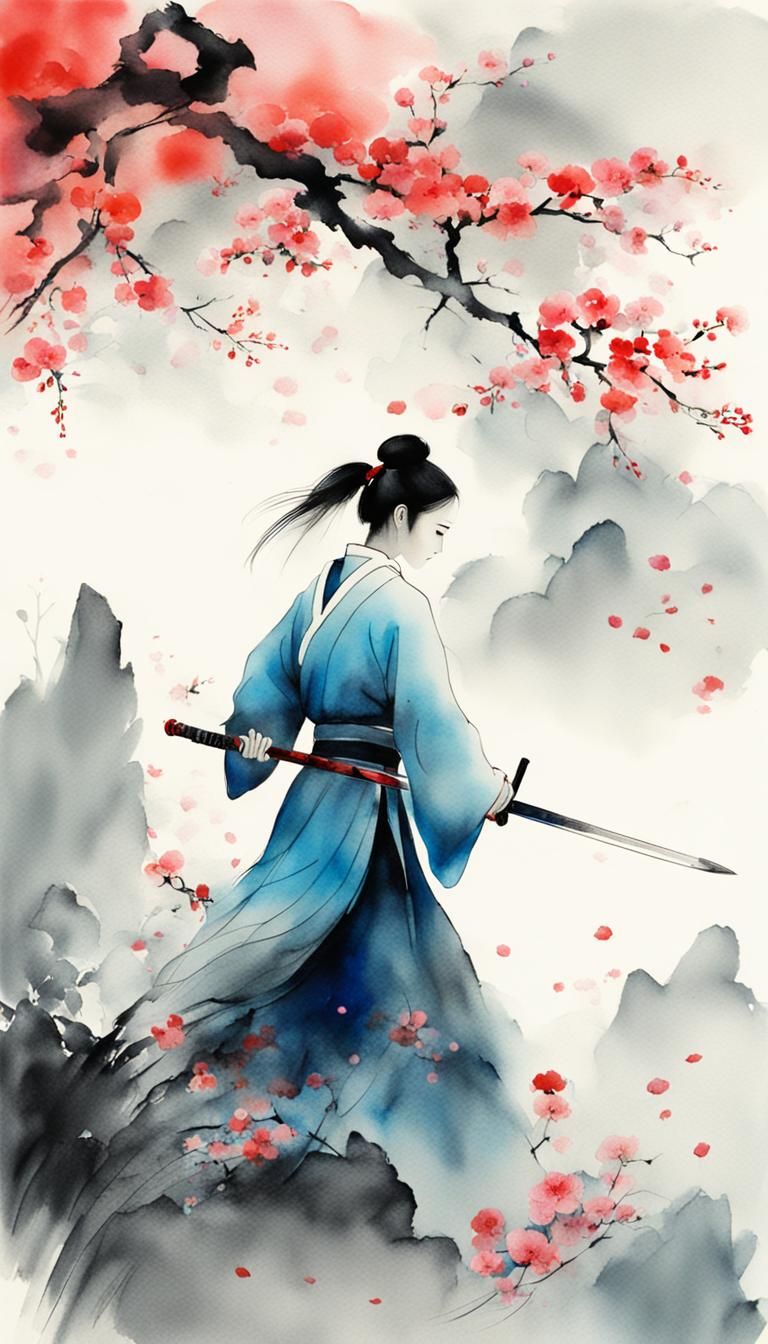 Minimalist Chinese Ink Painting of Swordswoman