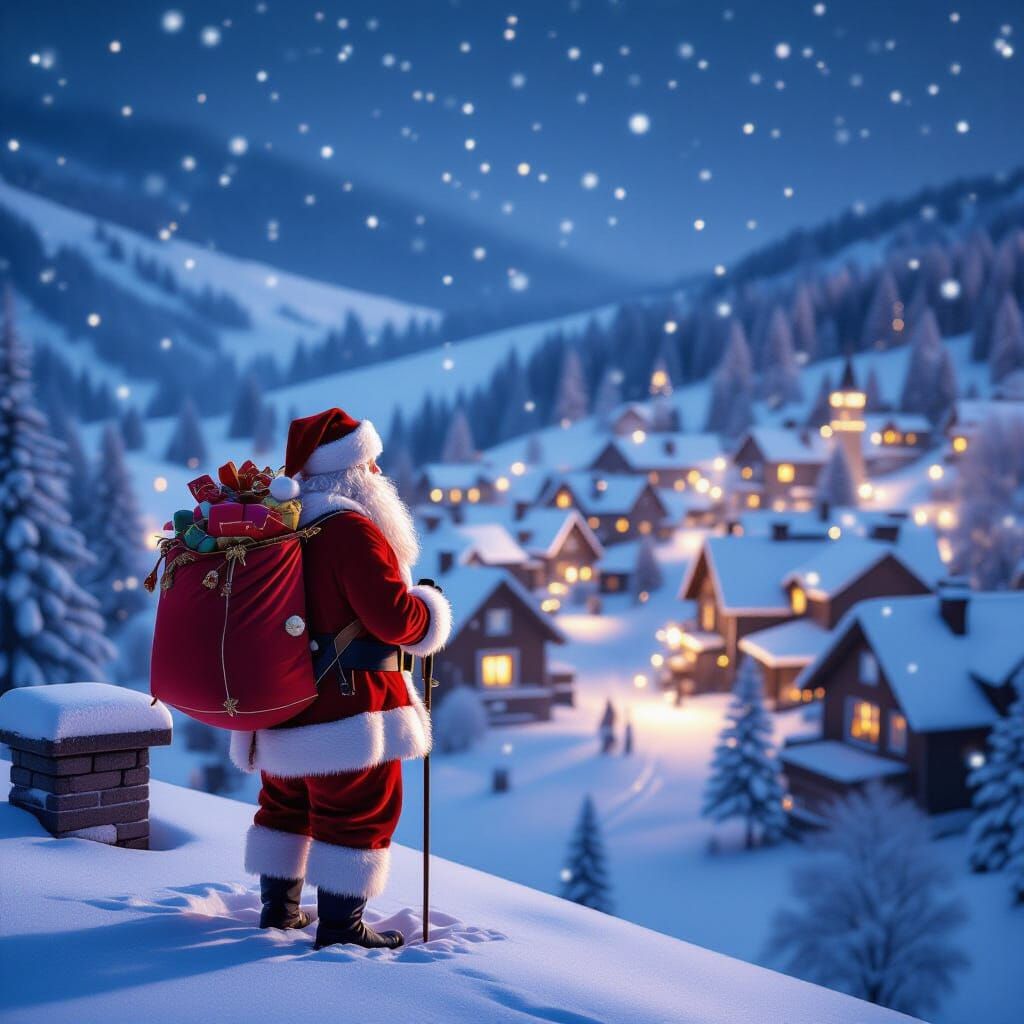 Santa Claus Overlooking Snowy Village in Cinematic Style