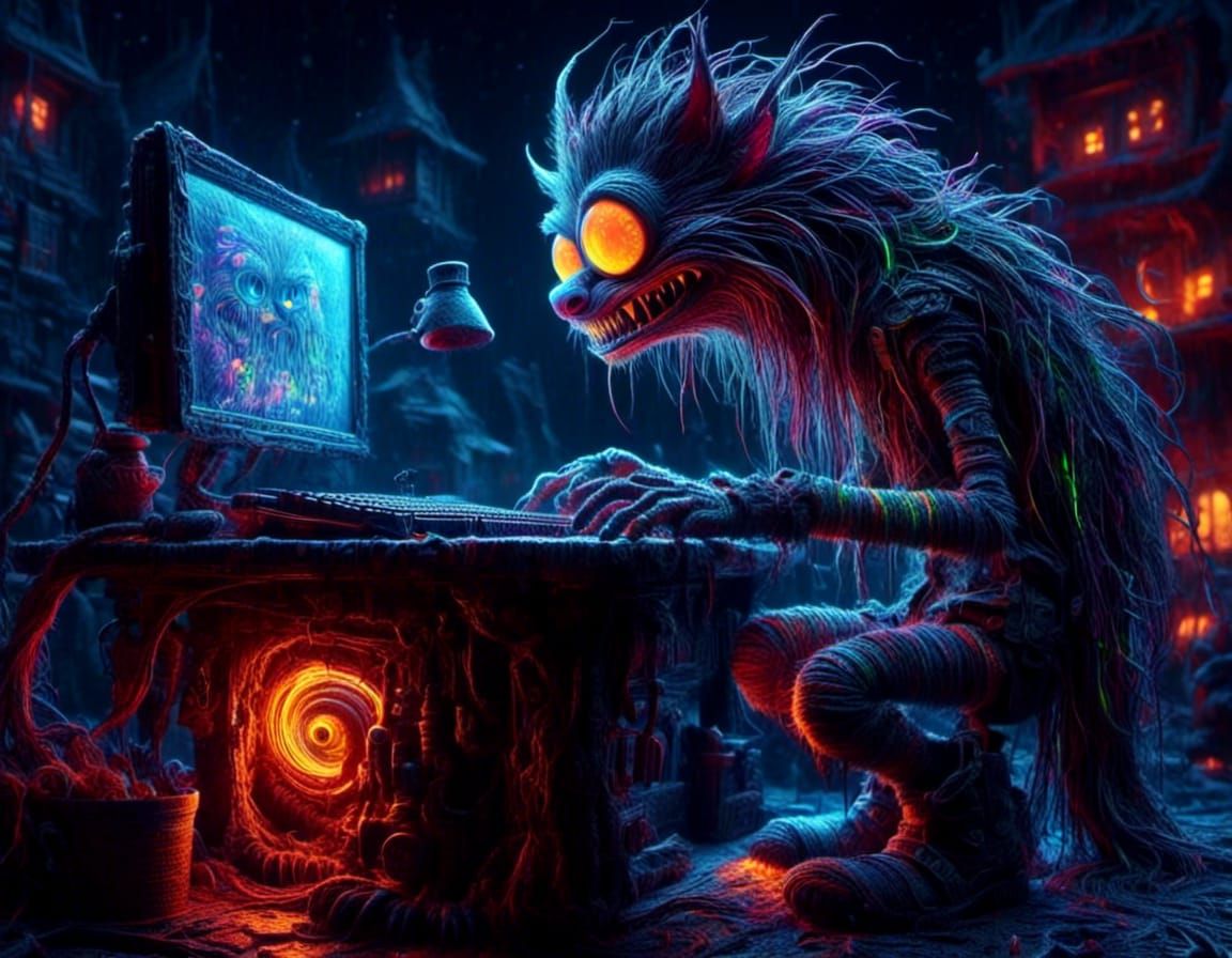 Luminescent Robot on Computer, Digital Illustration