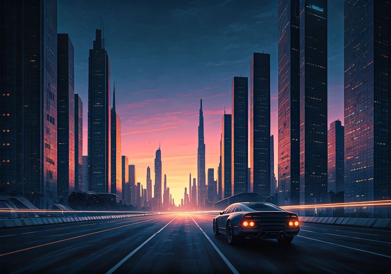 Futuristic Cityscape at Dawn in Digital Art Style