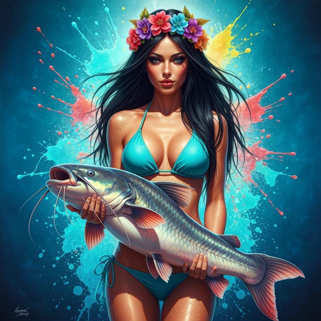 Woman with Catfish in Hyperrealistic Splash Art Style
