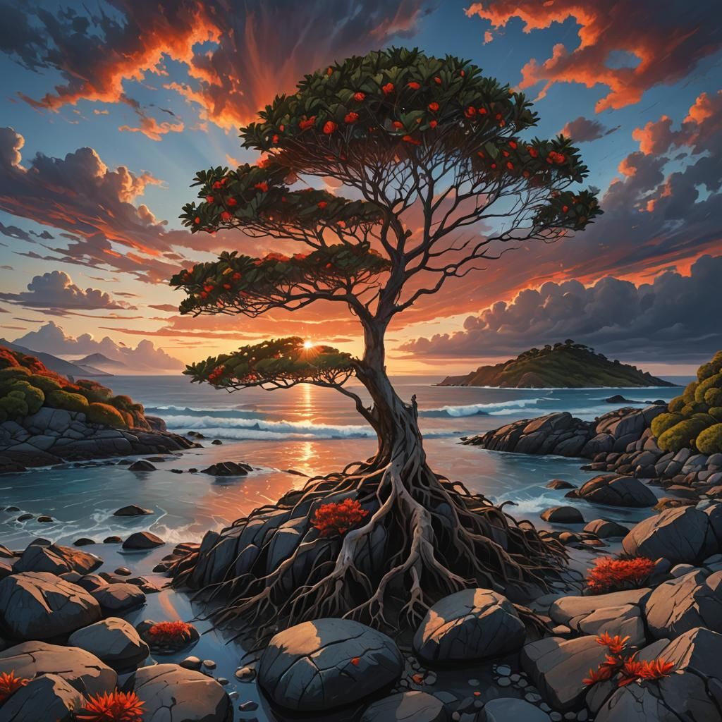 Pohutukawa Tree on Rocky Coast at Sunset