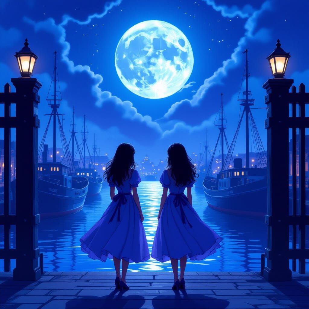 Twin Sisters at Moonlit Ship Port