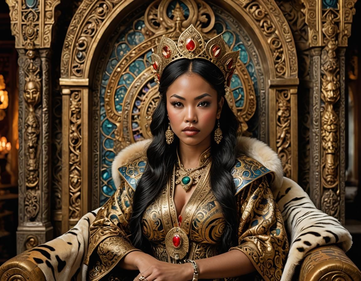 Regal Blasian Barbarian Queen with Lotus Tattoos and Tiger F...