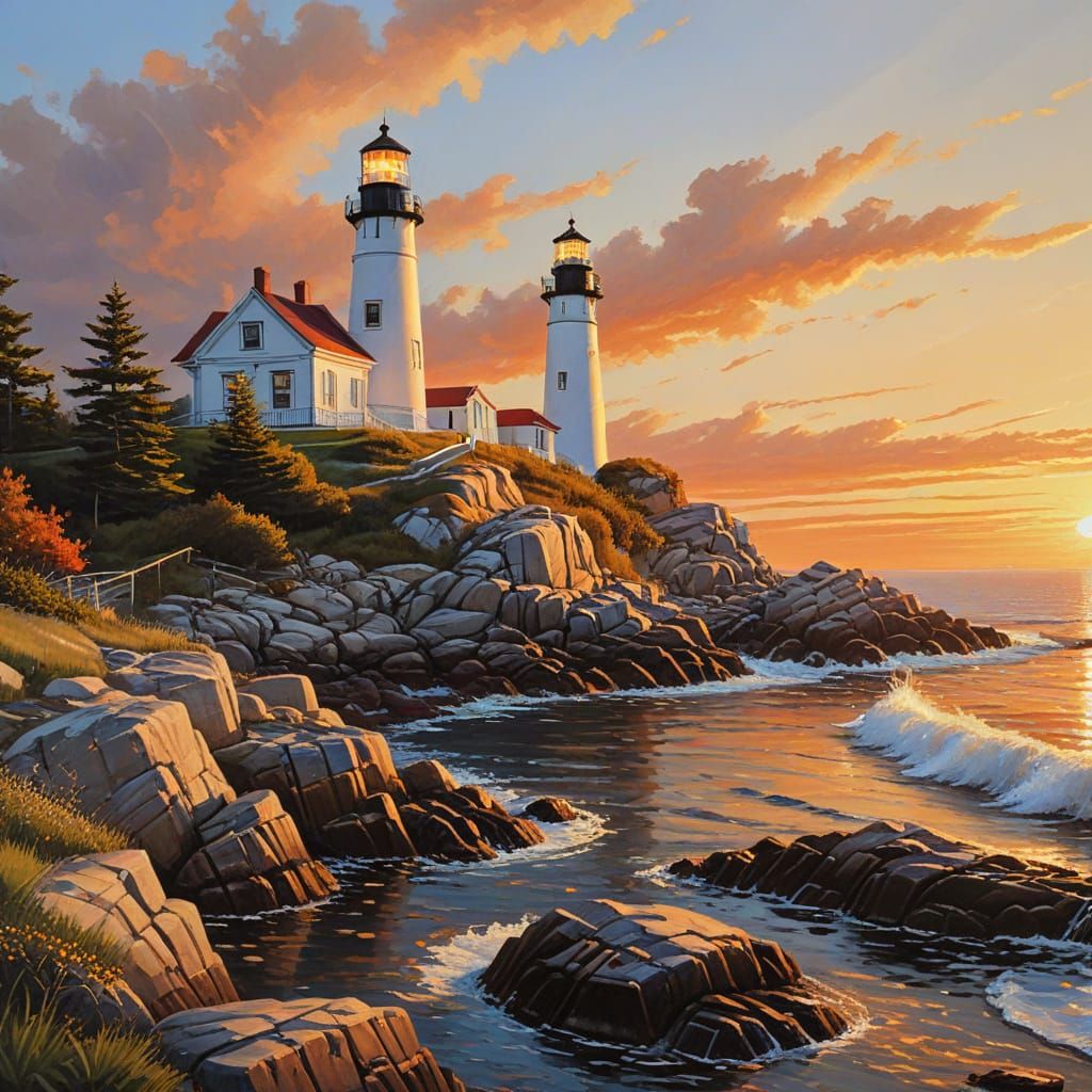Cape Elizabeth Lighthouse Sunset, Impressionist Oil Painting