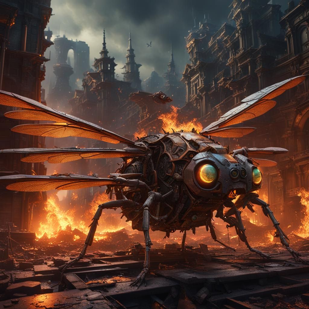 Mechanical Dragonfly Over Burning City at Night
