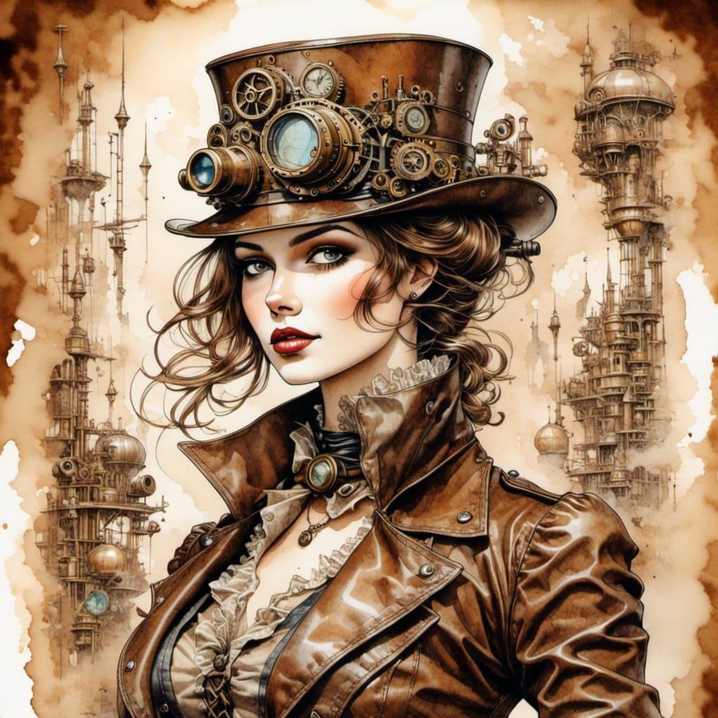 Steampunk Lady in Sepia Mail Art Vignette