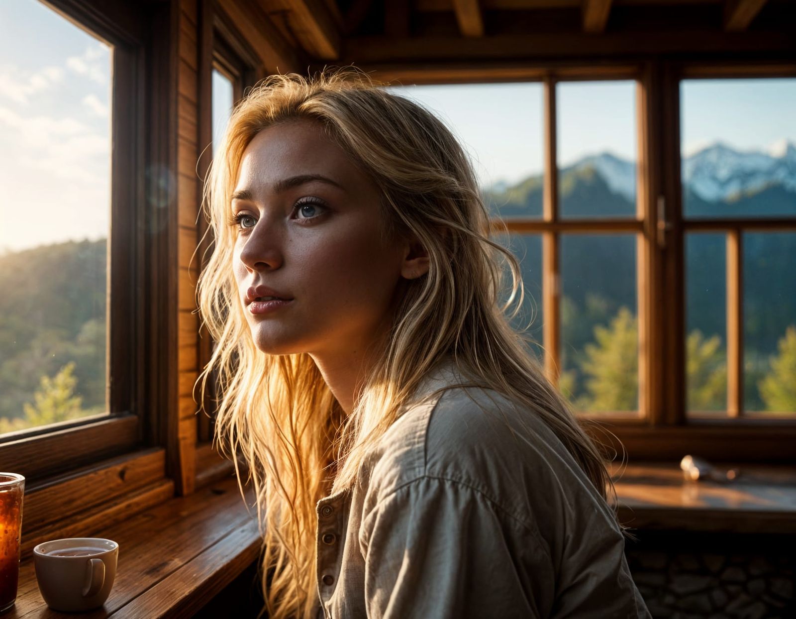 Sunrise Serenity: A Woman in a Chalet at Dawn