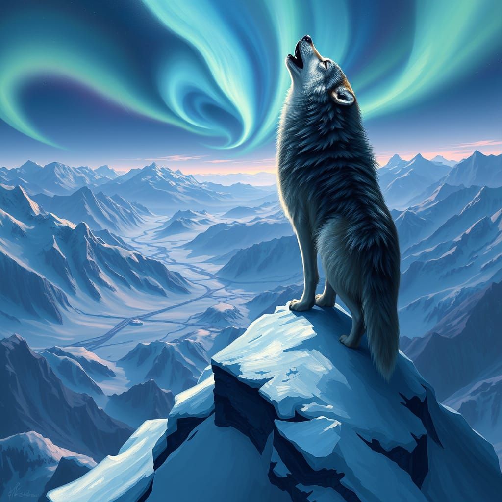 Wolf Stands Amidst Cosmic Northern Lights in Dramatic Landsc...
