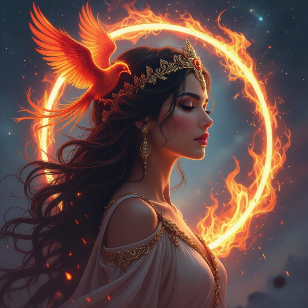 Mystical Goddess of Revolution Amidst Phoenix Flames