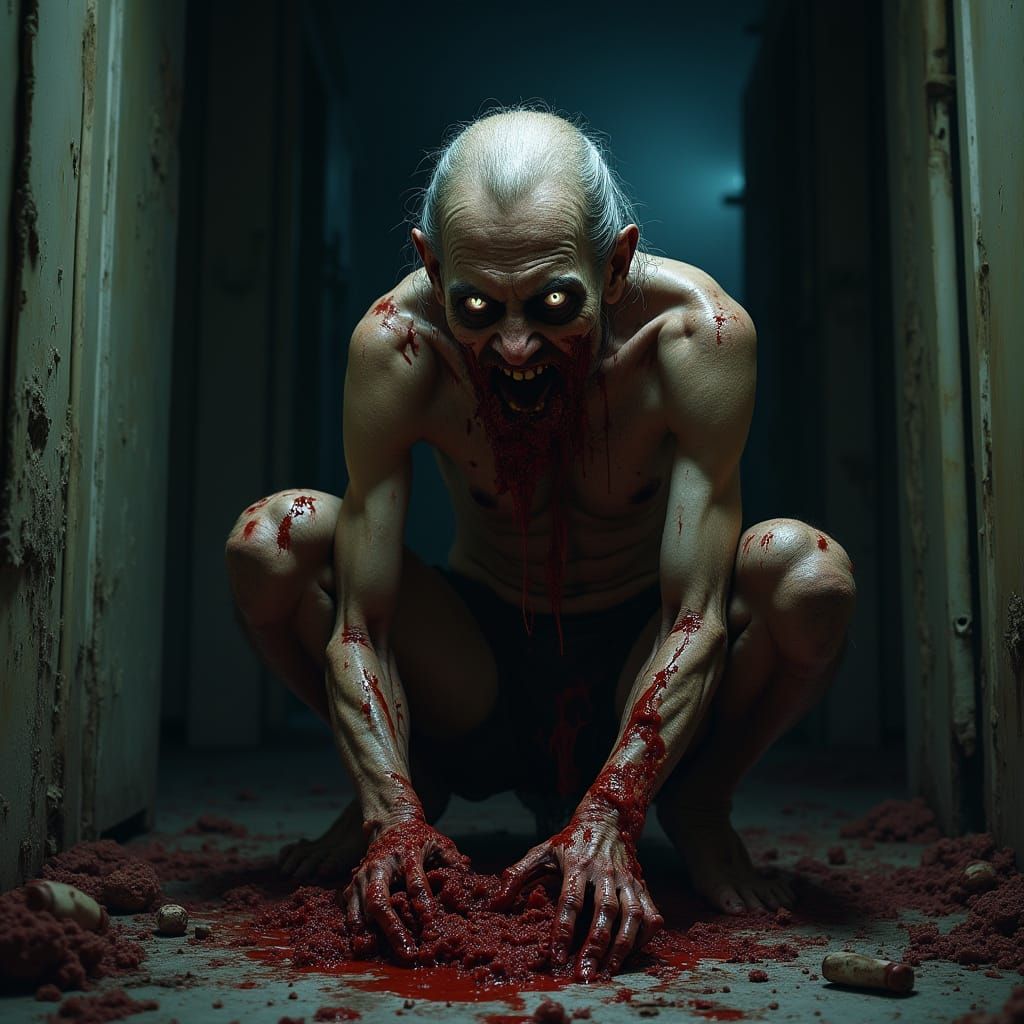 Dark Gothic Scene of a Blood-Soaked Elderly Man in a Dilapid...