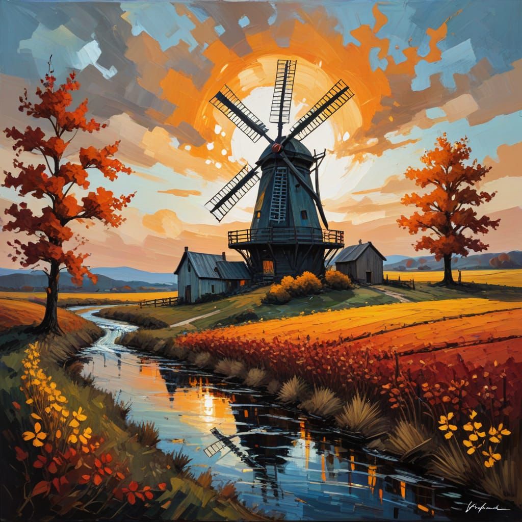 Expressive Autumn Windmill Sunset in Impasto Style