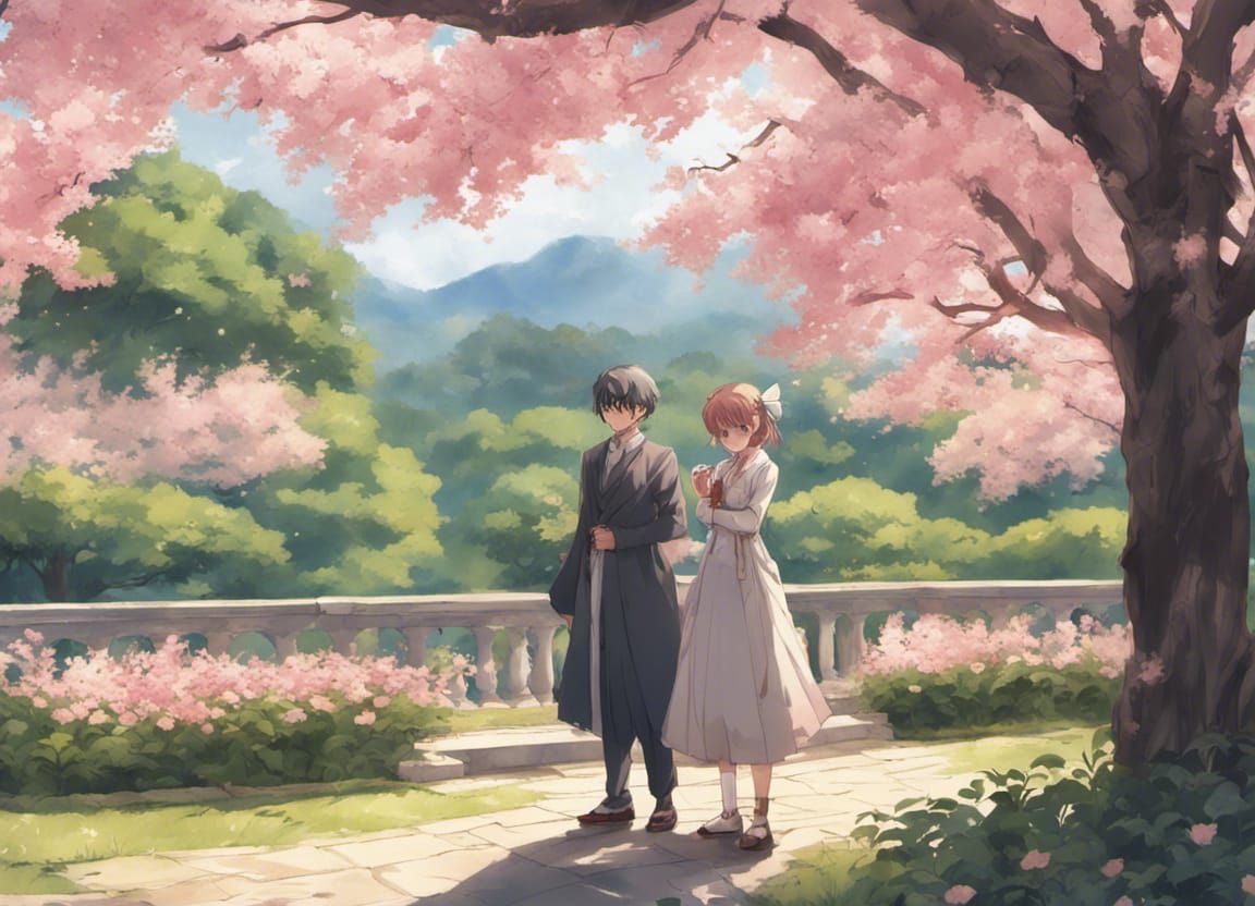 Couple Enjoying Cherry Blossoms in Anime Style