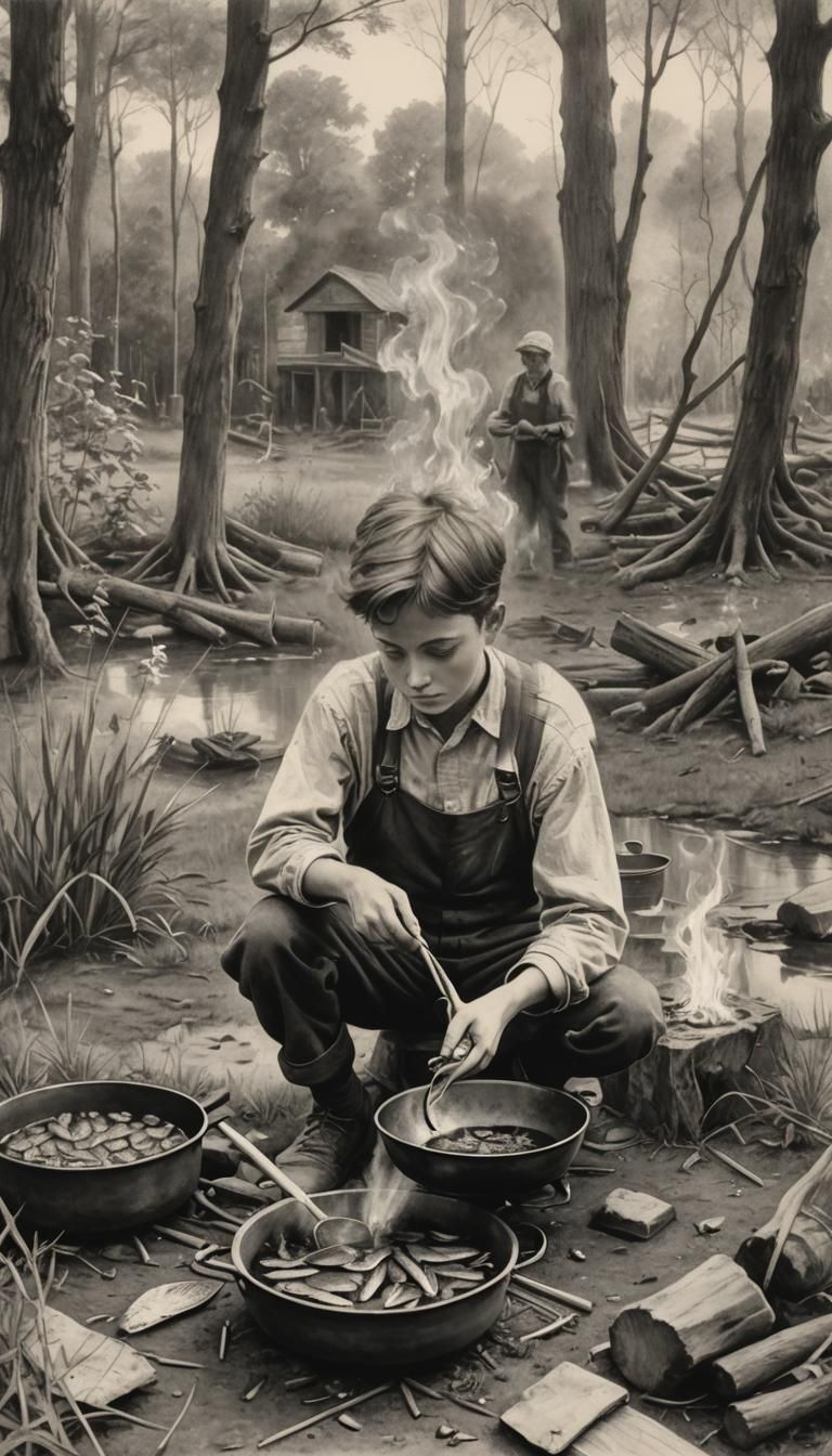 Boy Frying Fish: Pencil Drawing in Black and White