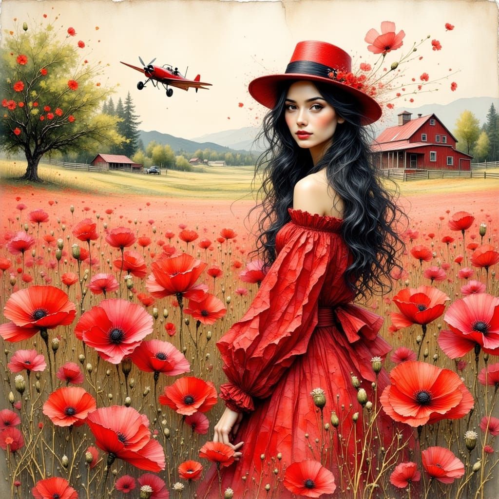 Woman in Red Dress in Poppy Field, Watercolor Style