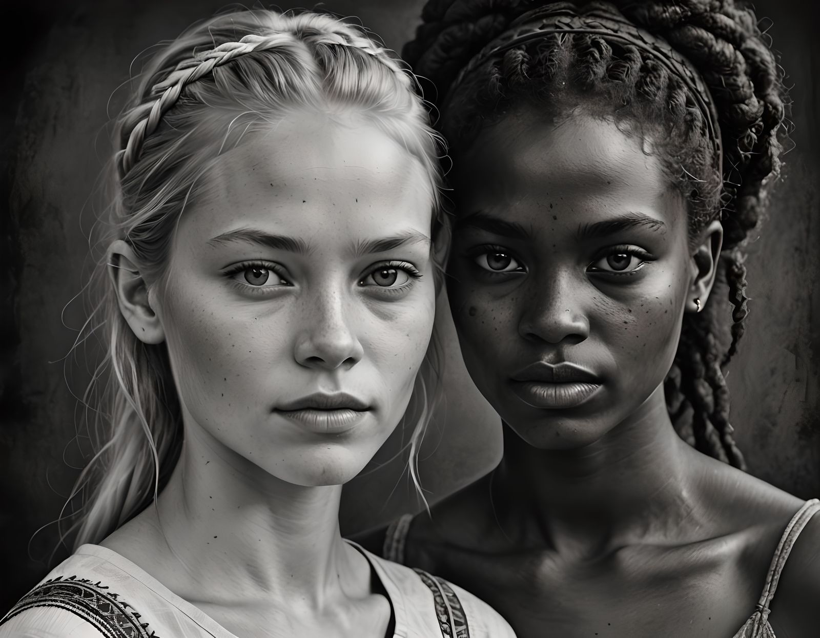 Monochrome Portrait of Two Girls in Charcoal Style