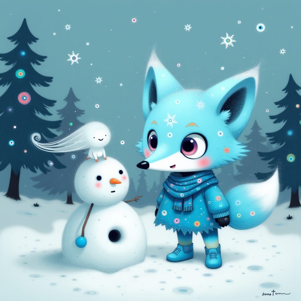 Playful Crystal Snow Fox Builds Snow-Fox in Winter