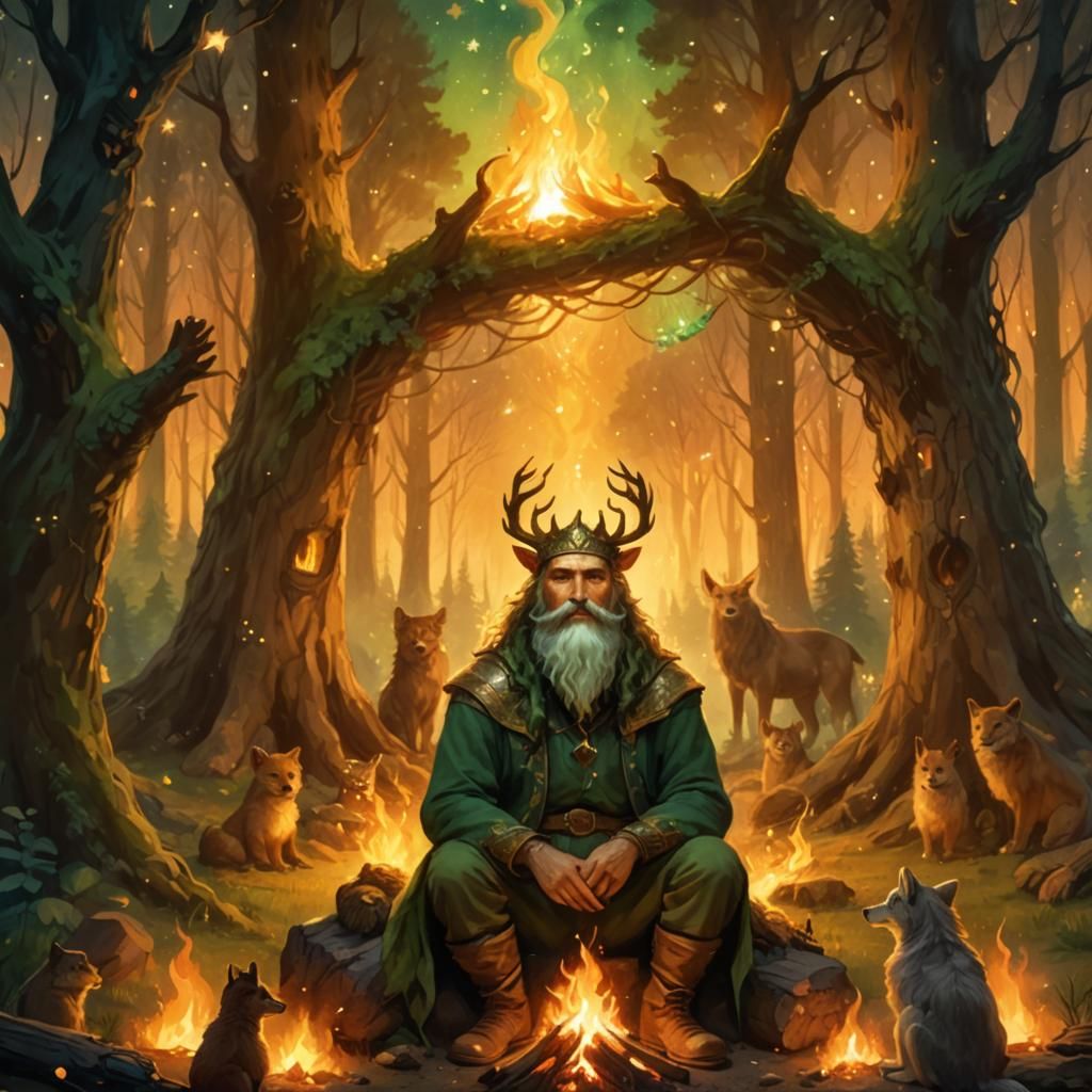 Forest Guardian Portrait with Animal Friends, Magical Realis...