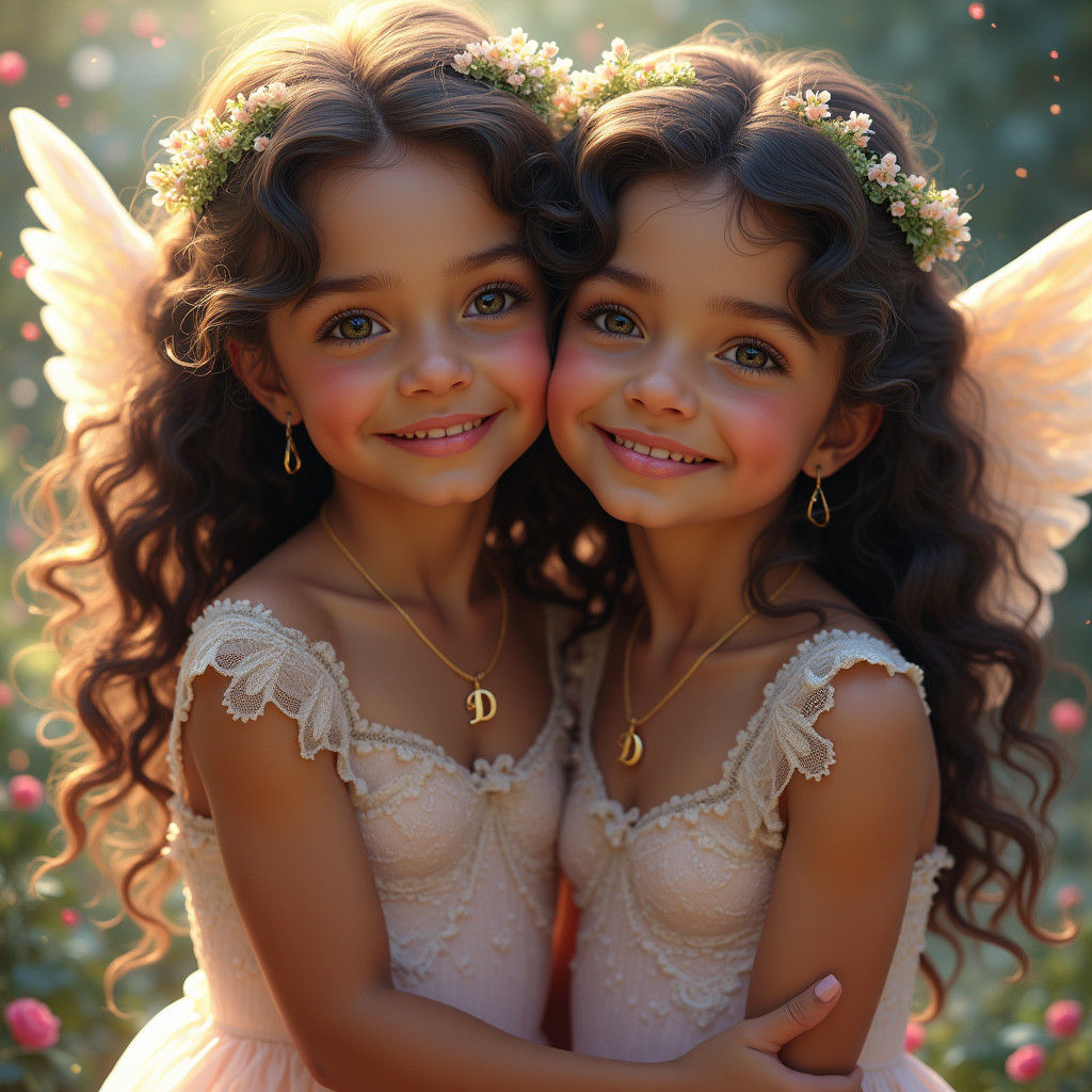 Twin Girls Embrace in Dreamlike Fantasy Art